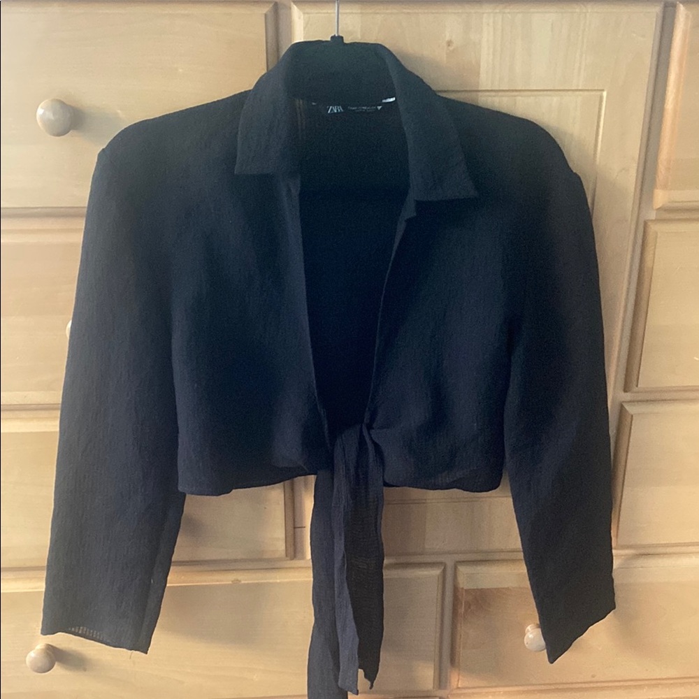 Zara Black Cropped Tie-Front Blouse